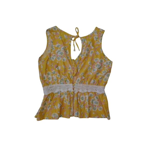 Floral Yellow Sleeveless Top with Lace Trim - Picture 2 of 8